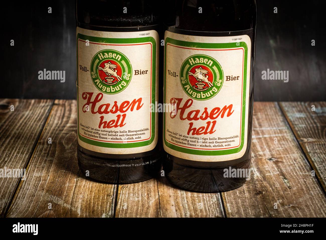 Neckargemuend, Germany - Oktober 17, 2021: two labels of german beer brand Hasen (Hasen means rabbit in english) located in Augsburg, Bavaria. hell is Stock Photo