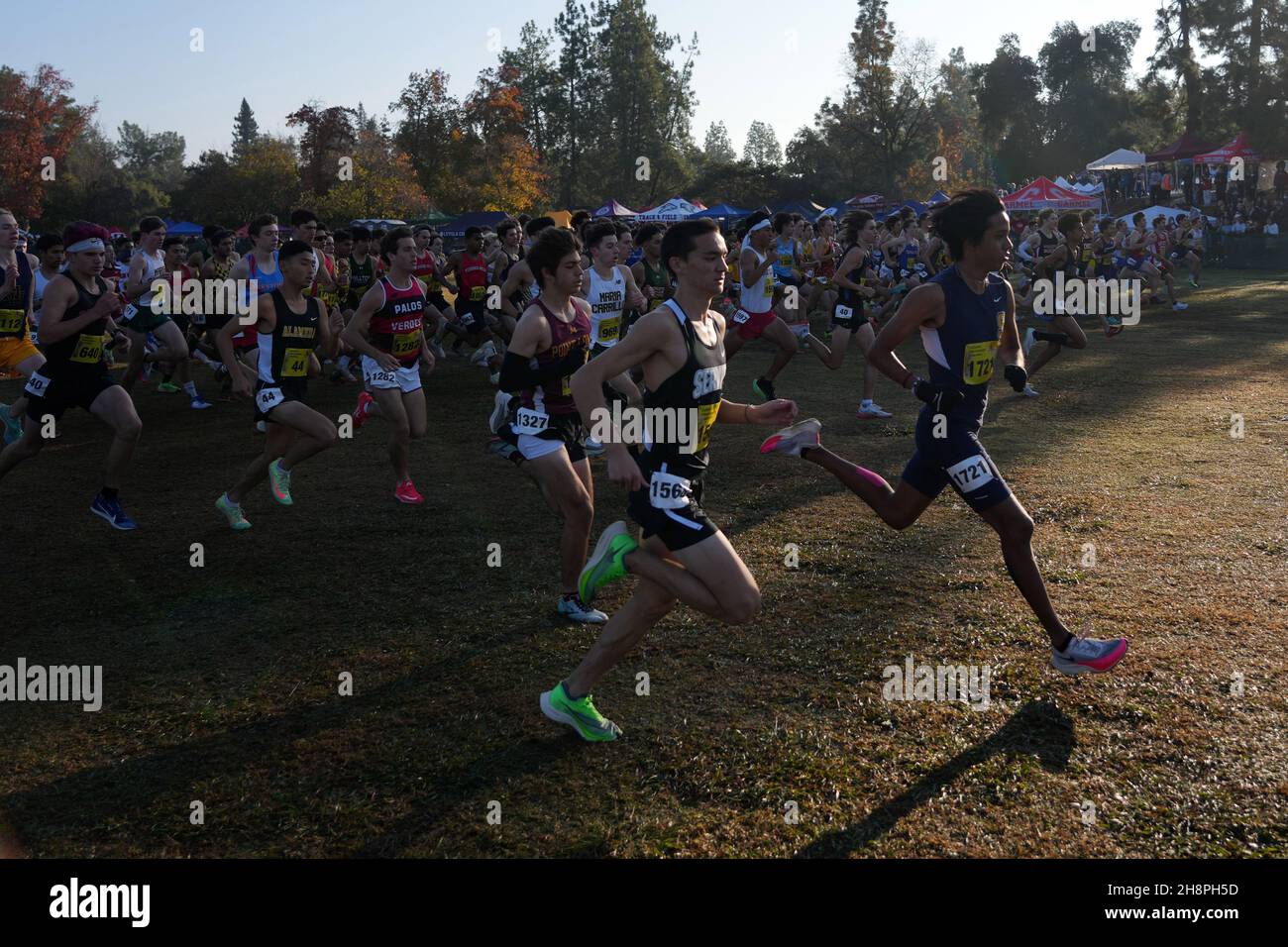 A general overall view of the start of the boys Division 3 race during the CIF State Cross Country Championships at Woodward Park, Saturday, Nov. 27, 2021, in Fresno, Calif. Stock Photo