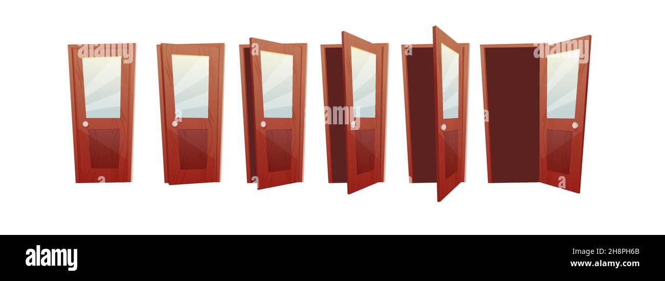 Opening door stages for animation in 2d game. Wooden door with glass