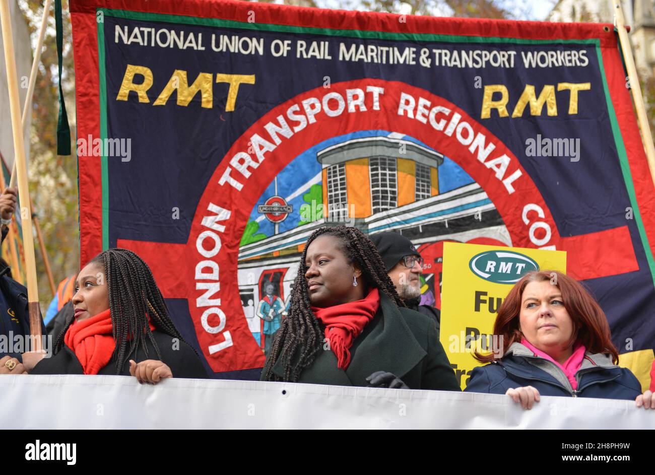 Joint transport union protest supported by Unite, RMT, Aslef, TSSA and the ITF, at Old Palace yard, opposite Parliament. Transport workers in London are facing job, pay and pension cuts in relation to the government's TFL bailout caused by the pandemic. during the demonstration. Stock Photo