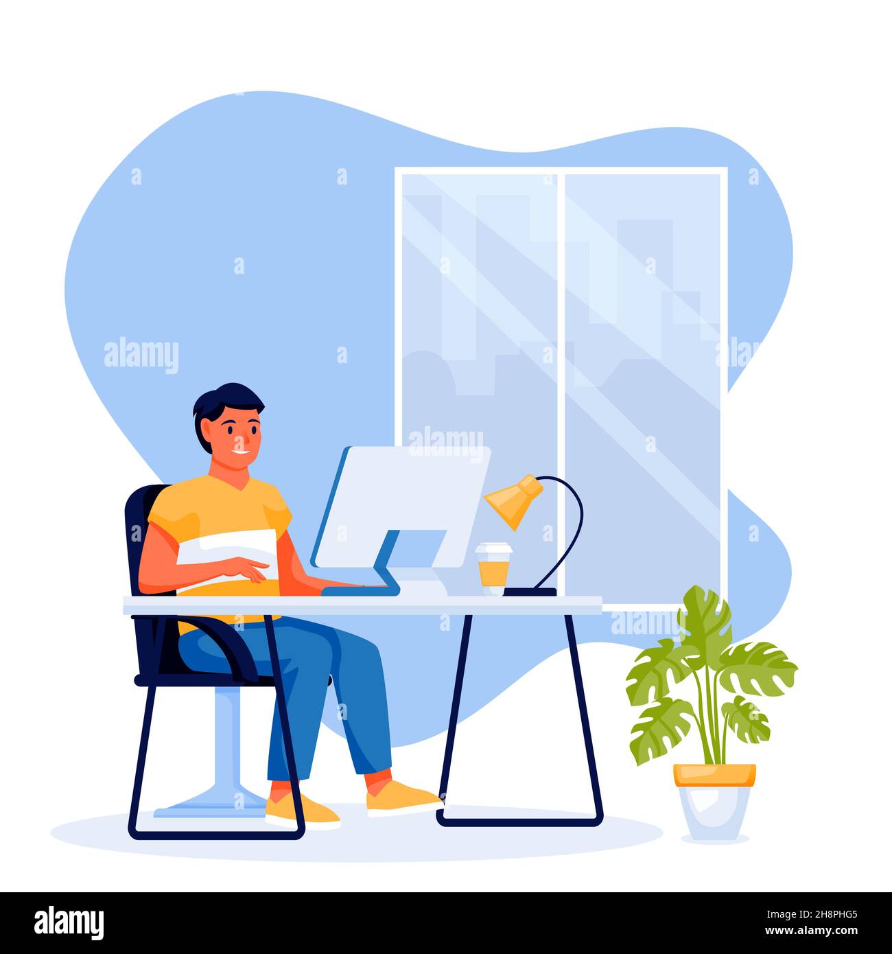 Young man freelancer sitting at the table and using computer. Vector flat cartoon businessman character illustration. Work at home, remote work, freel Stock Vector