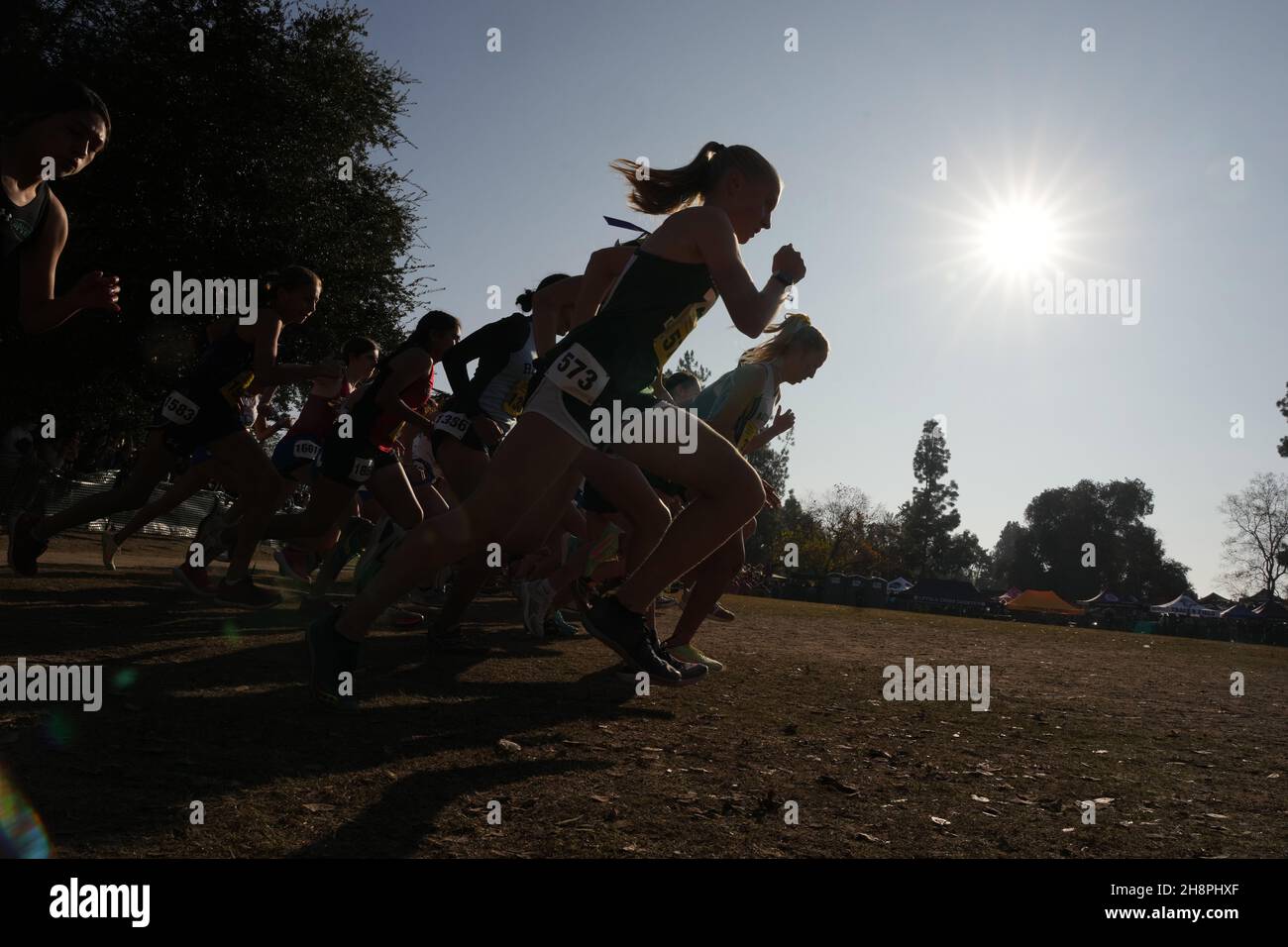 Silhouettes of runners at the start of the girls Division 3 race during the CIF State Cross Country Championships at Woodward Park, Saturday, Nov. 27, Stock Photo