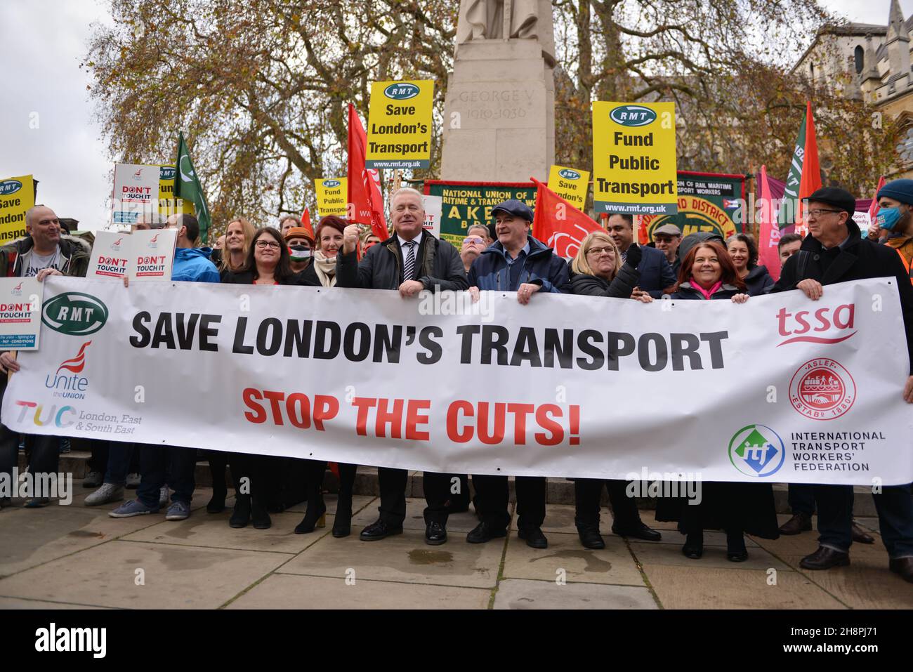 Joint transport union protest supported by Unite, RMT, Aslef, TSSA and the ITF, at Old Palace yard, opposite Parliament. Transport workers in London are facing job, pay and pension cuts in relation to the government's TFL bailout caused by the pandemic. during the demonstration. Stock Photo