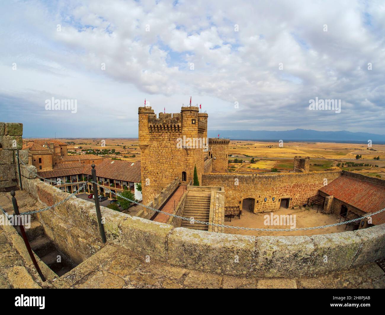 Oropesa, Toledo, Spain. 09/13/2021.   Towers and stone battlements in the medieval castle of Oropesa, in the province of Toledo. Stock Photo