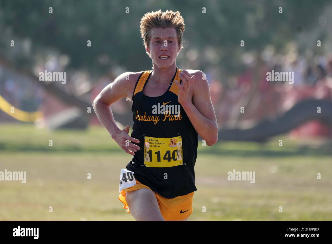 Aaron Sahlman (1140) of Newbury Park-SS places fourth in the boys Division I race in 14:55.6 during the CIF State Cross Country Championships at Woodward Park, Saturday, Nov. 27, 2021, in Fresno, Calif. Stock Photo