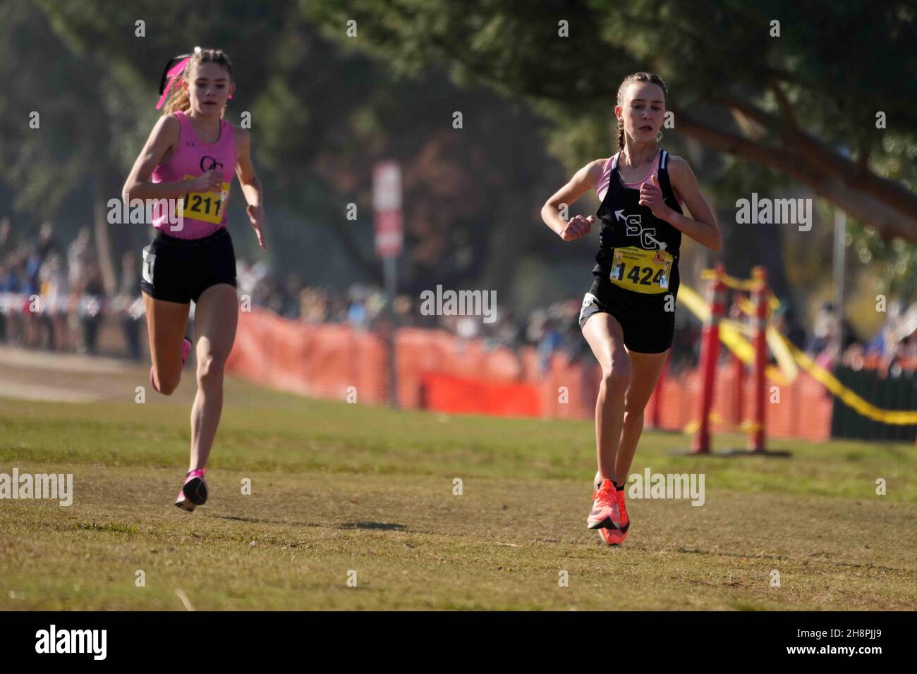 Stormy Wallace (1424) of Sage Creek-SDS places fourth in the girls Division 4 race in 17:34.0 during the CIF State Cross Country Championships at Woodward Park, Saturday, Nov. 27, 2021, in Fresno, Calif. Stock Photo