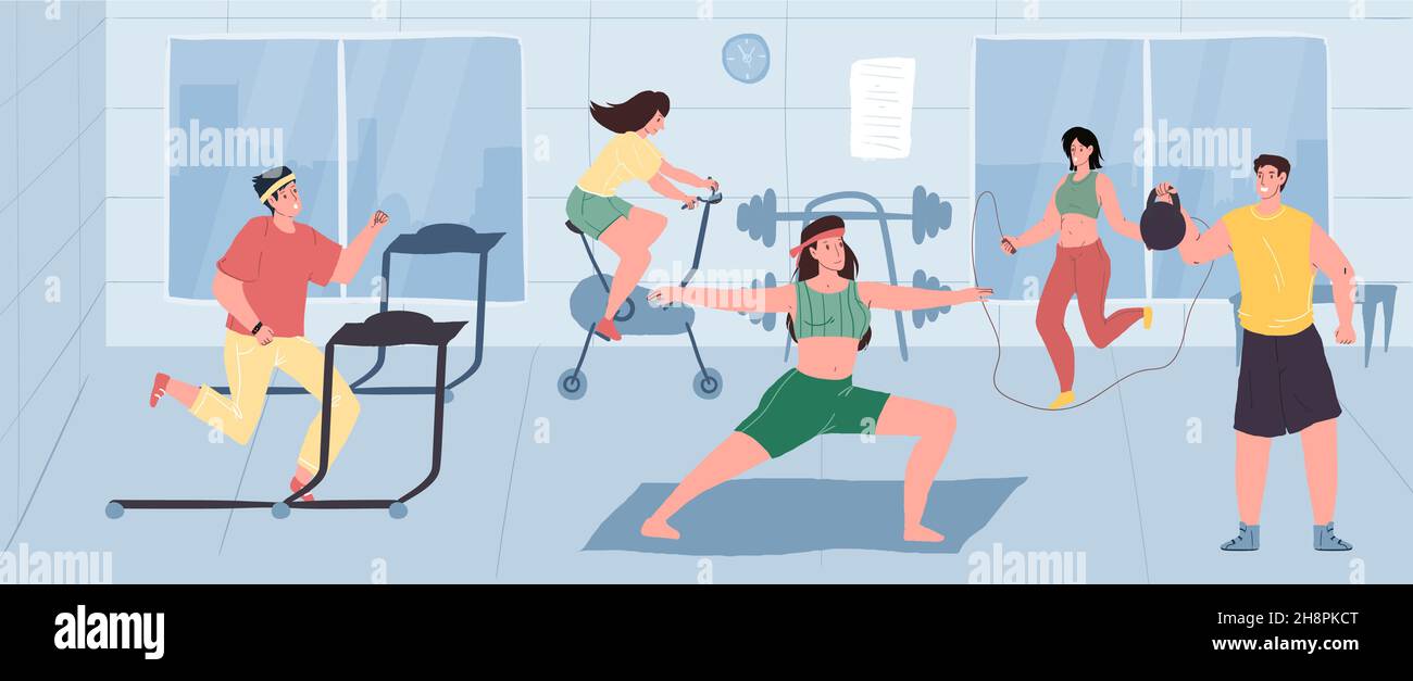 Cartoon flat healthy characters doing sport workout at gym,vector ...