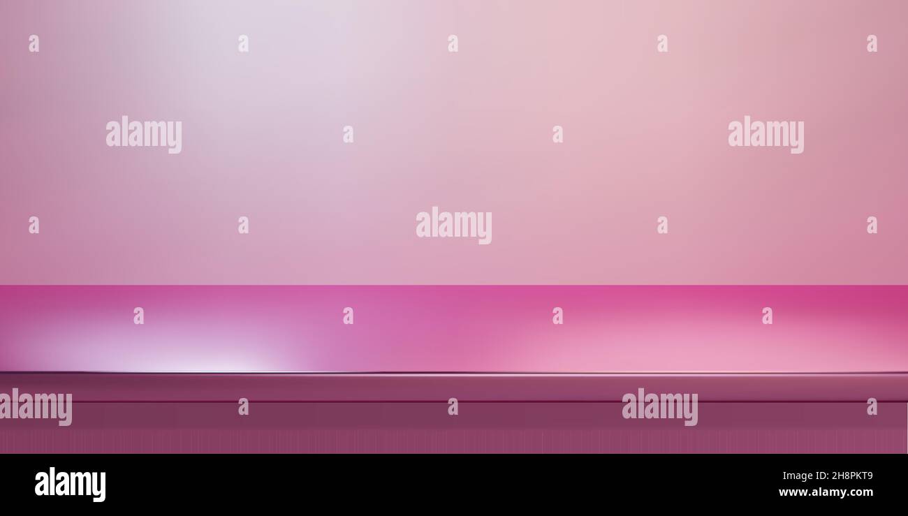 Pink steel countertop, empty shelf. Vector realistic mockup of table top, kitchen counter on rose background with spot light. Bar desk surface in fore Stock Vector
