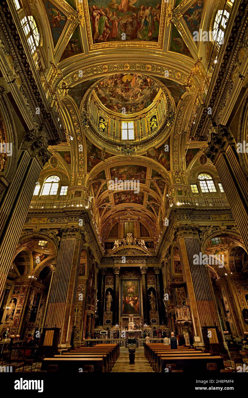 Chiesa del Gesù e dei Santi Ambrogio e Andrea - Church of Jesus  and of Saints Ambrose and Andrew Genoa Italy Italian ( It is governed by the Jesuits since the sixteenth century, with very rich interiors, contain works by Peter Paul Rubens, Guido Reni, and the Genoese Baroque artists.) Stock Photo