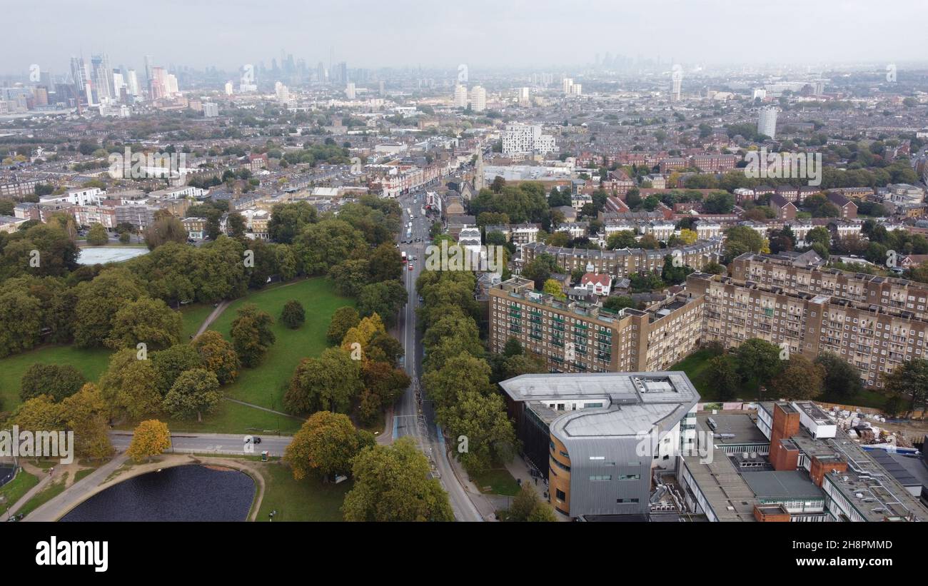 New build apartments Clapham London tower cranes in shot view from