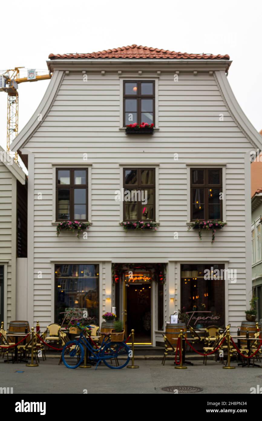 Bergen, Norway - Circa September 2021: Beautiful cafe with terrace in Bergen, Norway Stock Photo