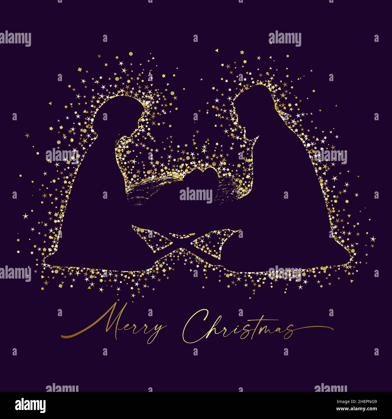Christmas scene of baby Jesus in the manger with Mary and Joseph. Christian Nativity with handwriting style calligraphic text Merry Christmas. Square Stock Vector