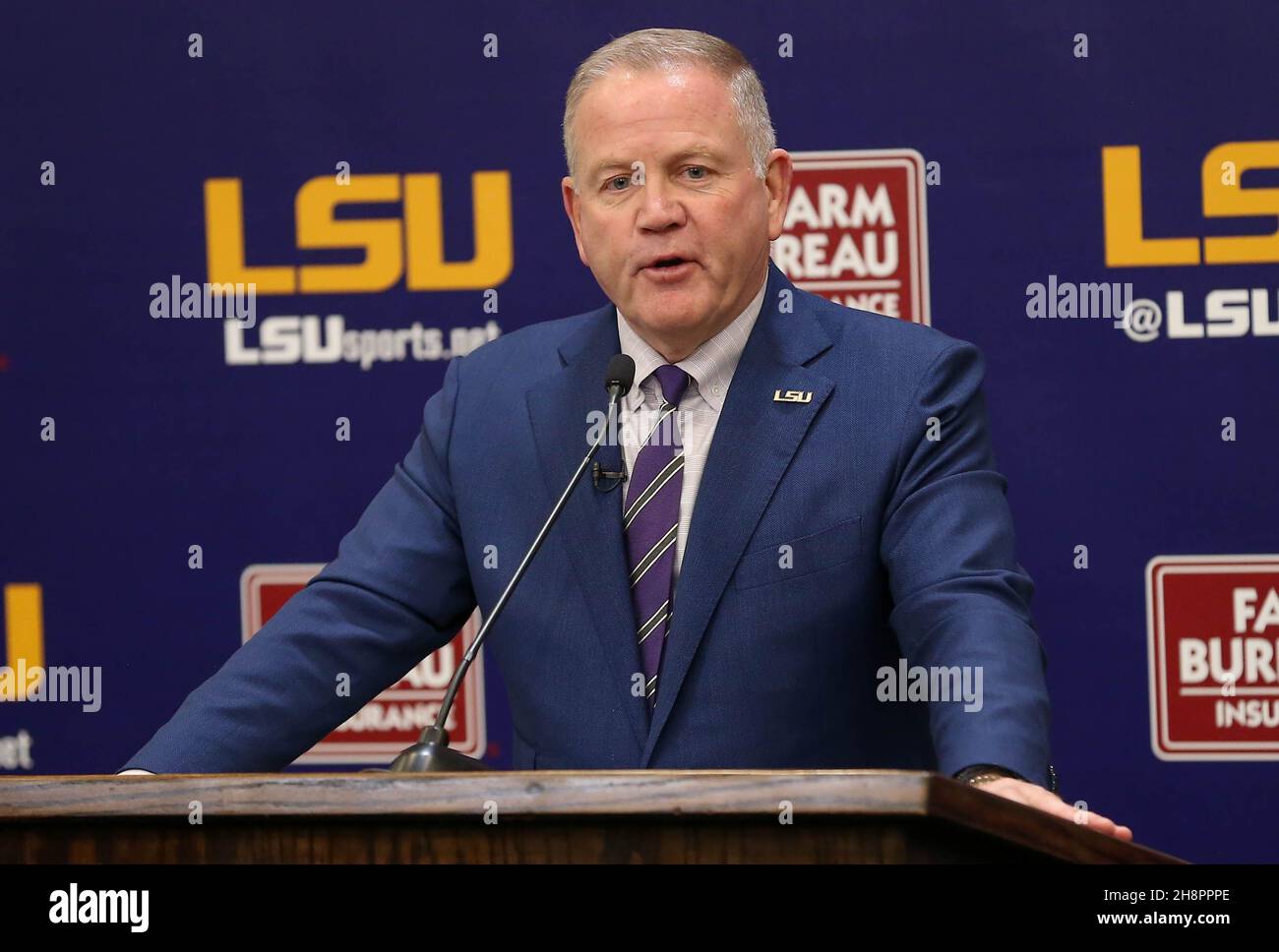 Baton Rouge, LA, USA. 1st Dec, 2021. New LSU Head Football Coach Brian Kelly holds his first press conference and meets with the media for the first time at Tiger Stadium's Lawton Room in Baton Rouge, LA. Jonathan Mailhes/CSM/Alamy Live News Stock Photo