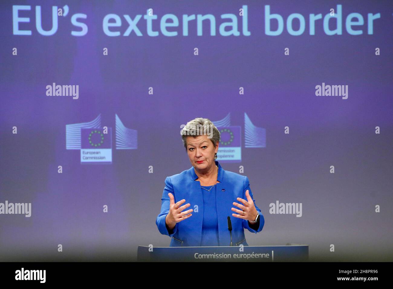 Brussels, Belgium. 1st Dec, 2021. European Commissioner for Home Affairs, Ylva JOHANSSON gives a press conference on exceptional measures to support Latvia, Lithuania and Poland in the context of the situation at the border with Belarus at the EU Commission headquarters in Brussels, Belgium, December 1, 2021. (Credit Image: © Valeria Mongelli/ZUMA Press Wire) Credit: ZUMA Press, Inc./Alamy Live News Stock Photo