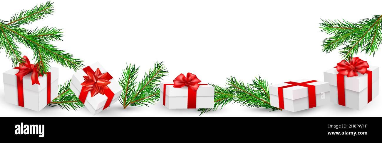 Christmas background with heaps of fir branches and realistic gift ...