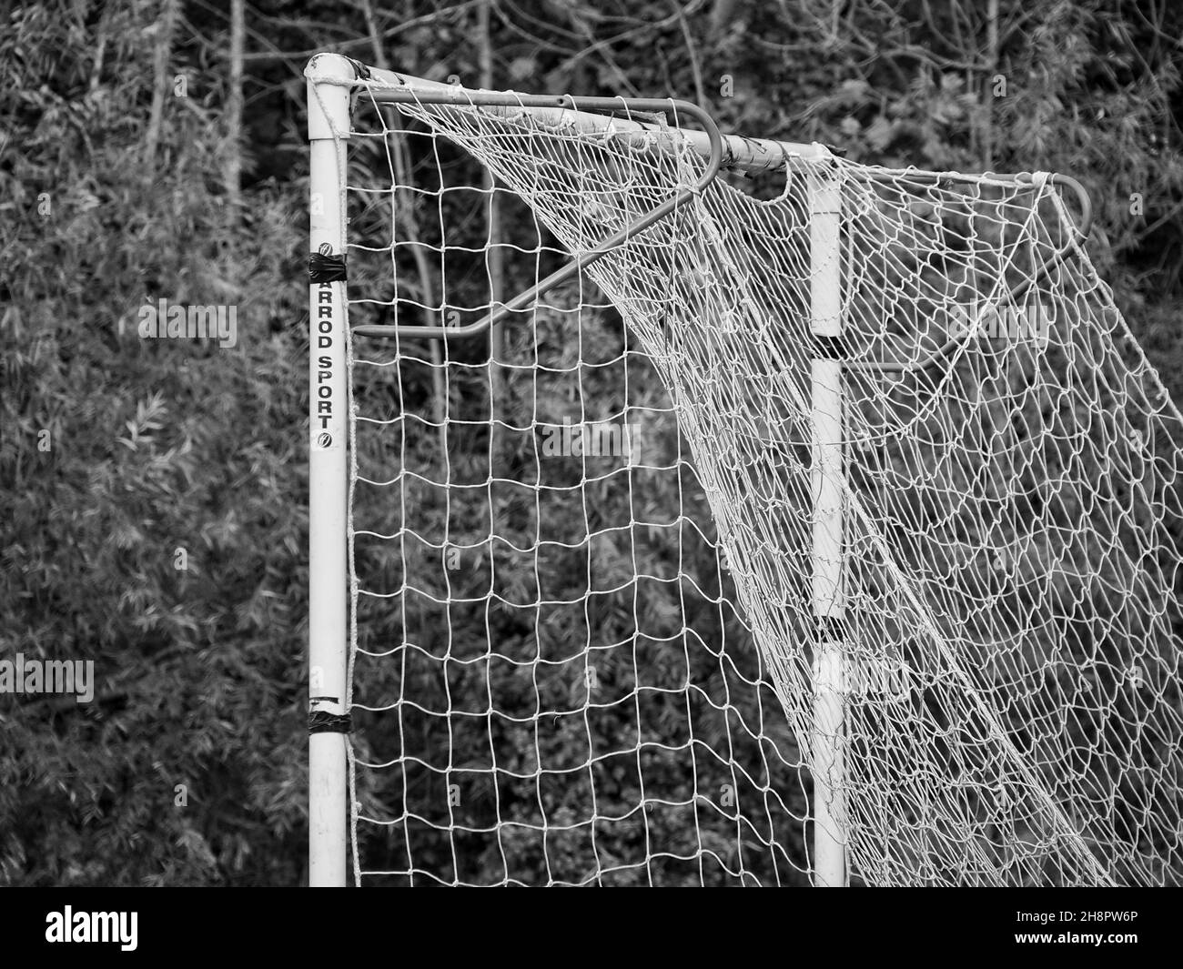 Football nets on goalposts in a Belfast park Stock Photo