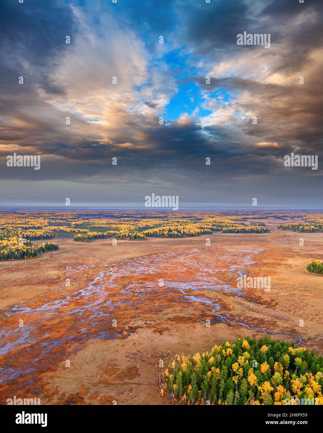 The Aerial view overhand of colorful of autumn marsh in north of Siberia Stock Photo