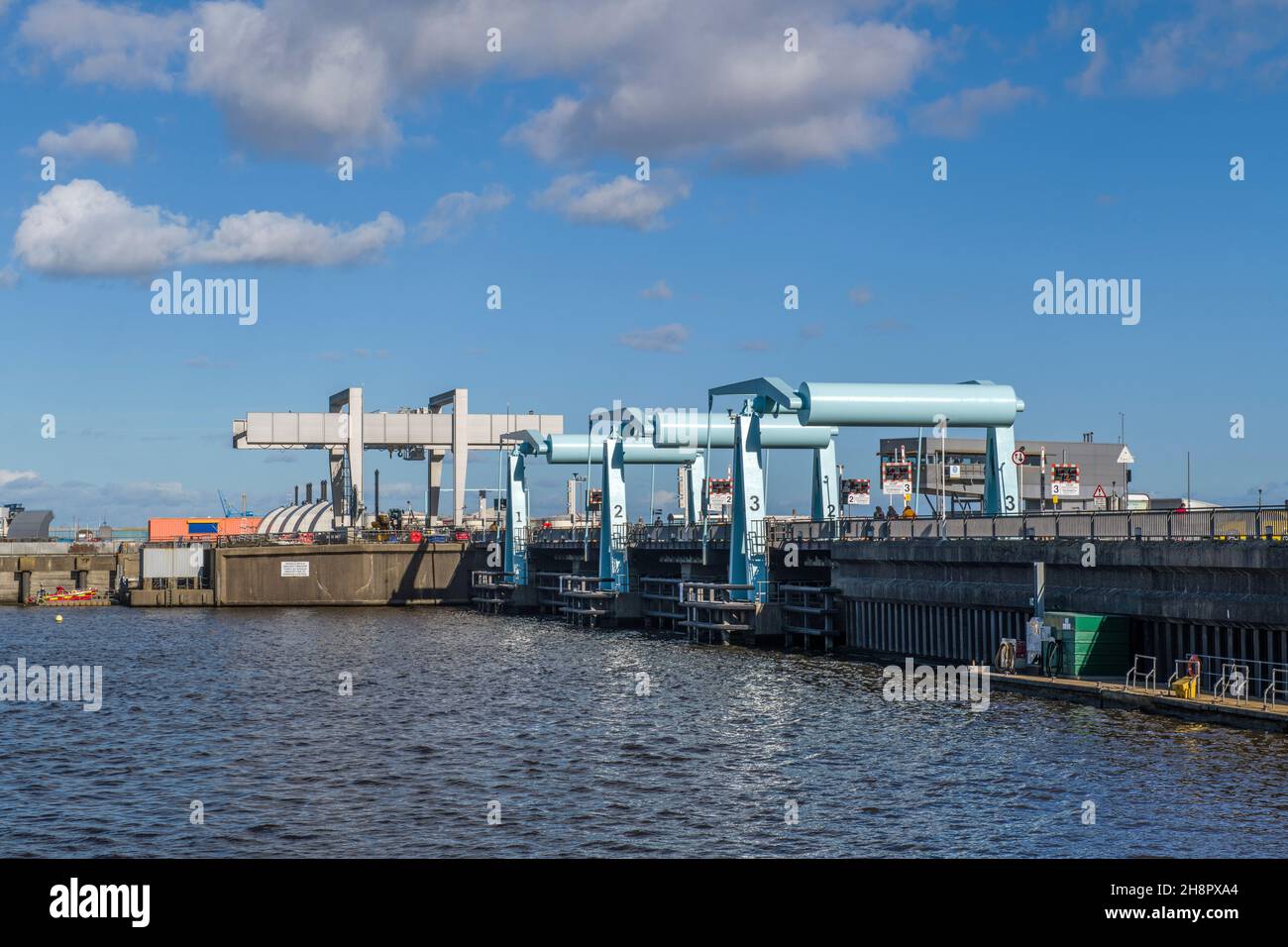 The three bascule bridges on the Cardiff Bay barrage on the south Wales Coast. Stock Photo
