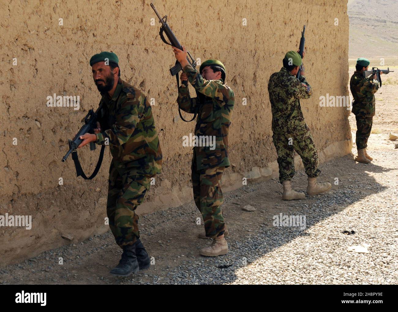 Afghan National Army soldiers during combat training at Forward Operating Base Thunder August 22, 2010 in Paktia province, Afghanistan. Stock Photo