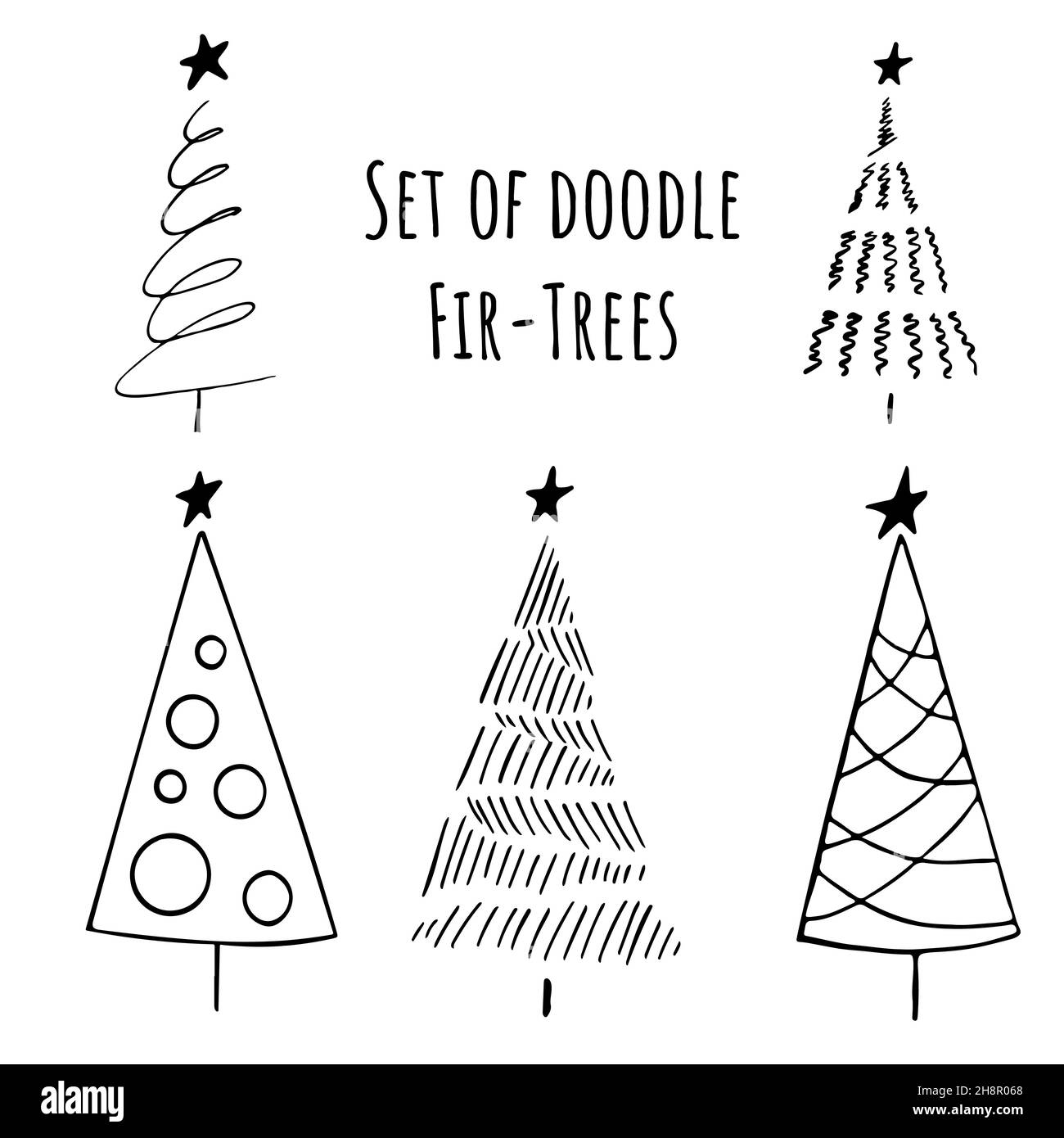 Set of Hand drawn stylized christmas trees in doodle style. Stock ...