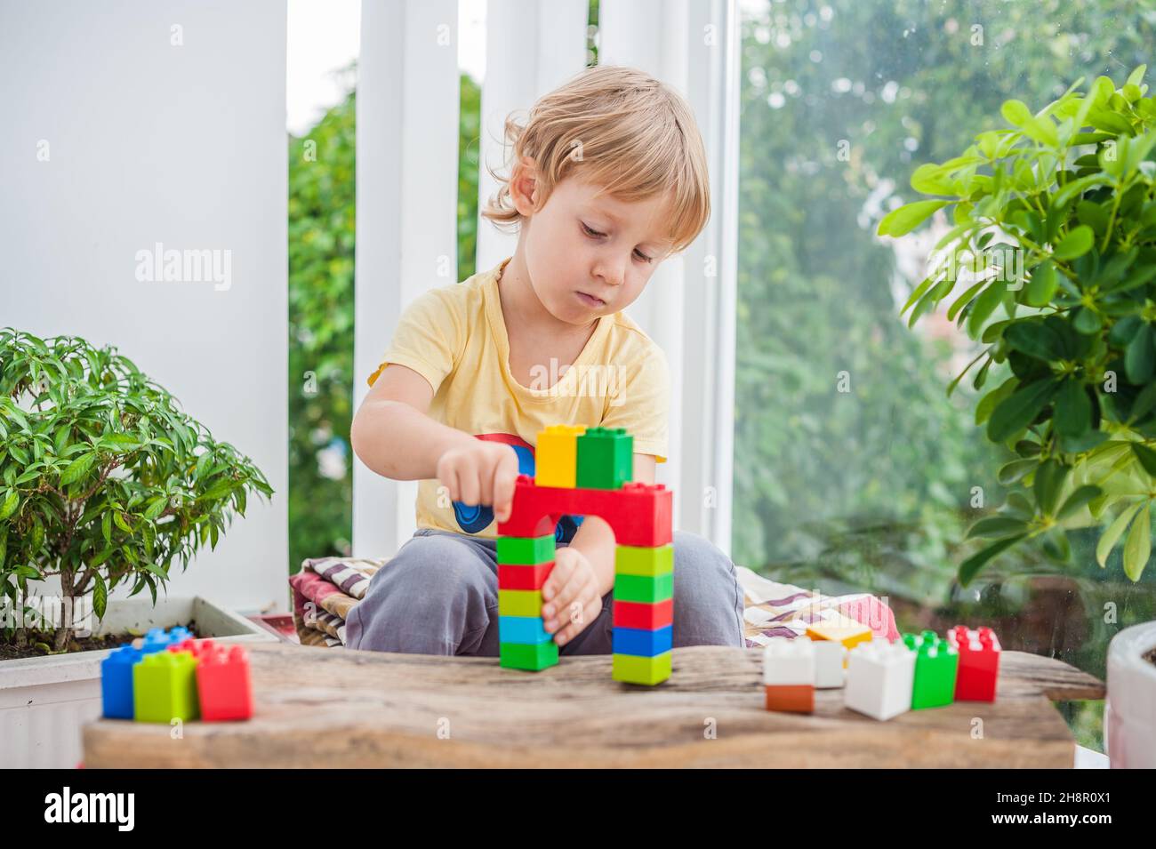 Cute little kid boy with playing with lots of colorful plastic blocks ...