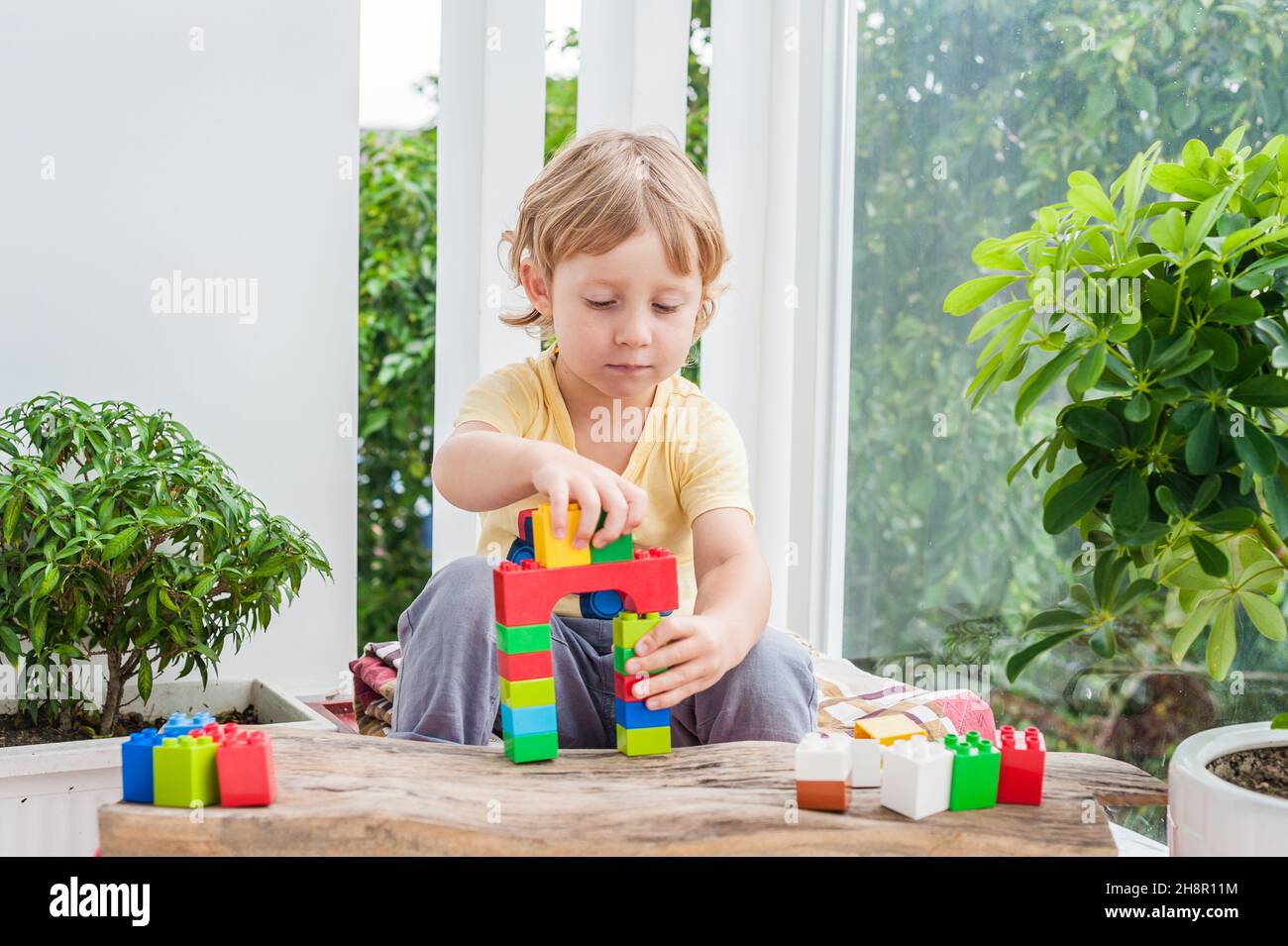 Cute little kid boy with playing with lots of colorful plastic blocks ...