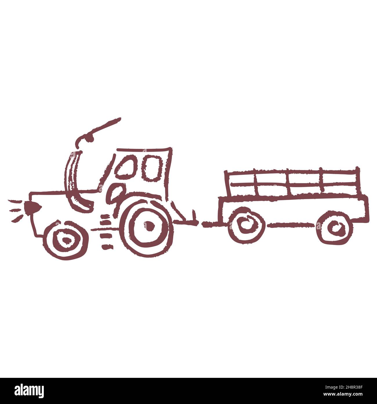 Tractor. Icon in hand draw style. Drawing with wax crayons, colored ...