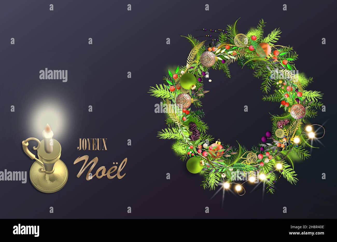 French Joyeux Noel English translation Merry Christmas. Xmas greeting card French golden text 