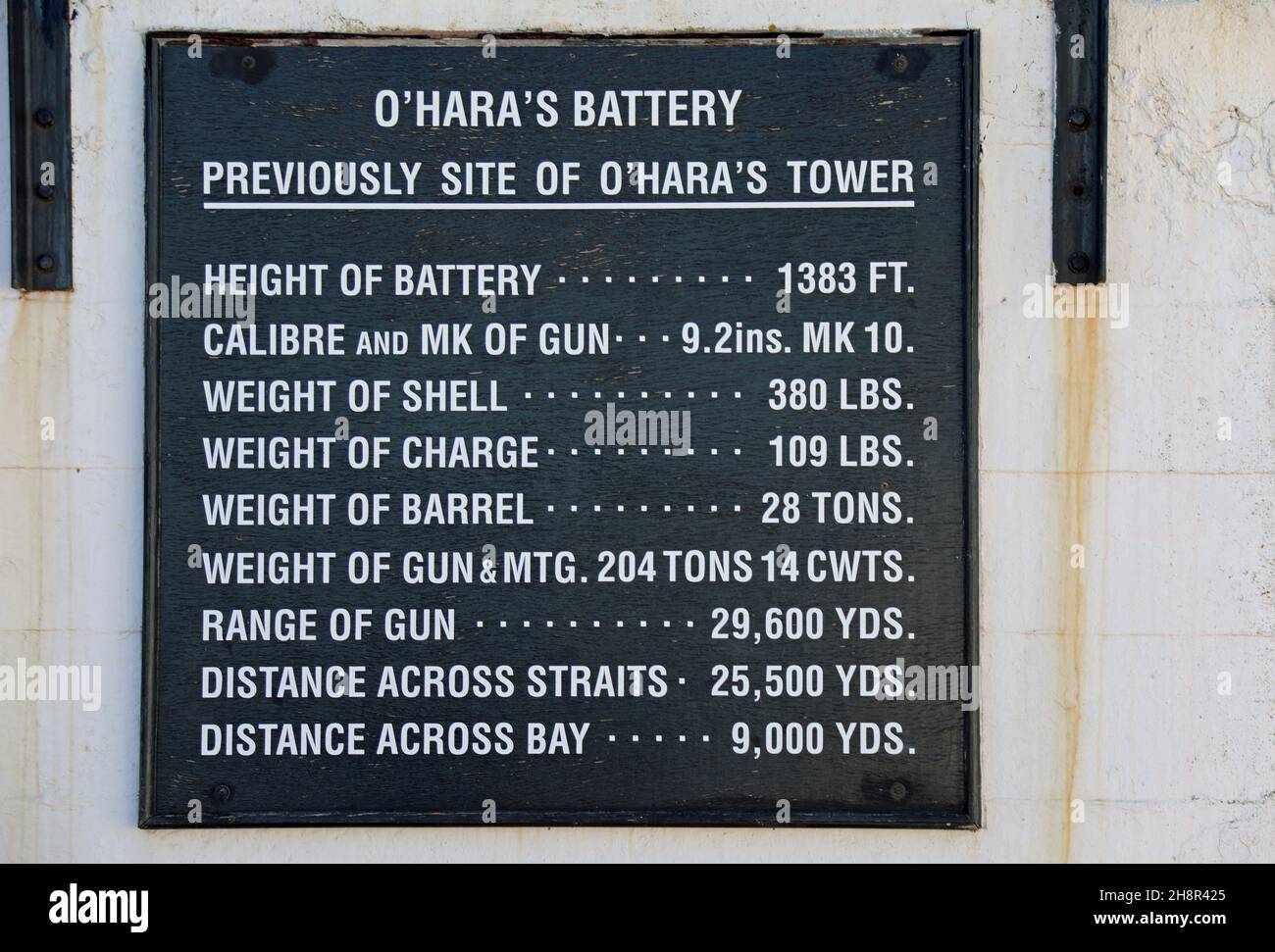 Sign at O'Hara's Battery on the Upper Rock in Gibraltar Stock Photo