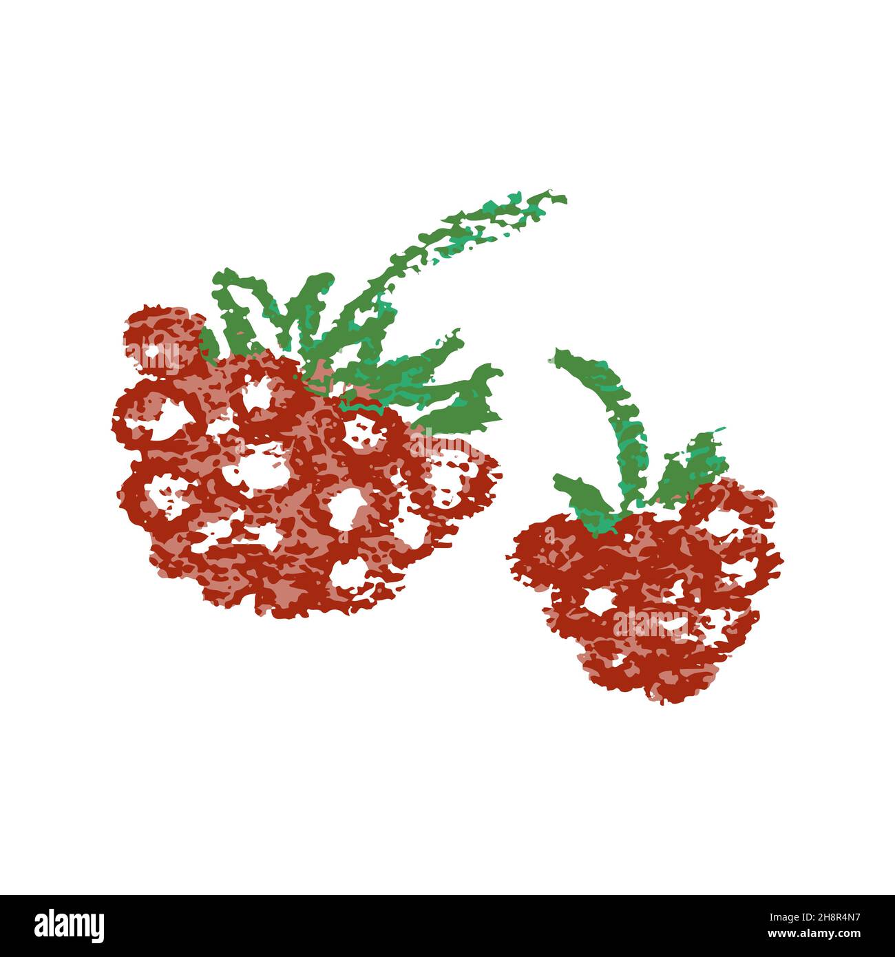 Raspberries. Icon in hand draw style. Drawing with wax crayons, colored