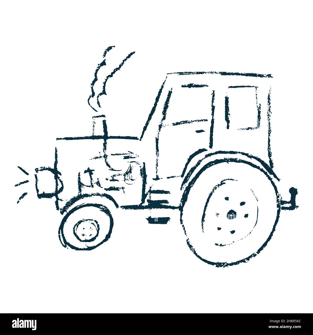 Tractor. Icon in hand draw style. Drawing with wax crayons, colored ...
