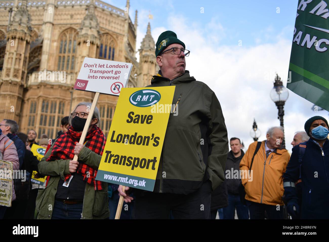 London, UK. 01st Dec, 2021. A protester holds a placard during the demonstration.Joint transport union protest supported by Unite, RMT, Aslef, TSSA and the ITF, at Old Palace yard, opposite Parliament. Transport workers in London are facing job, pay decrease and pension cuts in relation to the government's TFL bailout caused by the pandemic. (Photo by Thomas Krych/SOPA Images/Sipa USA) Credit: Sipa USA/Alamy Live News Stock Photo