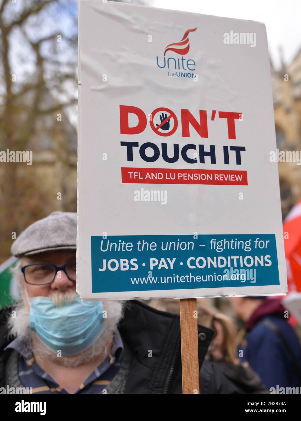 London, UK. 01st Dec, 2021. A protester holds a placard during the demonstration.Joint transport union protest supported by Unite, RMT, Aslef, TSSA and the ITF, at Old Palace yard, opposite Parliament. Transport workers in London are facing job, pay decrease and pension cuts in relation to the government's TFL bailout caused by the pandemic. (Photo by Thomas Krych/SOPA Images/Sipa USA) Credit: Sipa USA/Alamy Live News Stock Photo