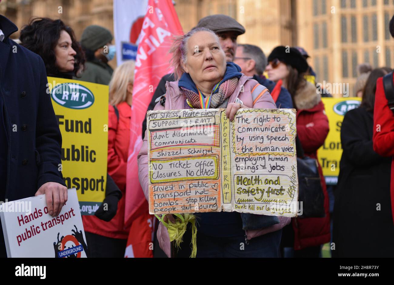 London, UK. 01st Dec, 2021. A protester holds a placard during the demonstration.Joint transport union protest supported by Unite, RMT, Aslef, TSSA and the ITF, at Old Palace yard, opposite Parliament. Transport workers in London are facing job, pay decrease and pension cuts in relation to the government's TFL bailout caused by the pandemic. (Photo by Thomas Krych/SOPA Images/Sipa USA) Credit: Sipa USA/Alamy Live News Stock Photo