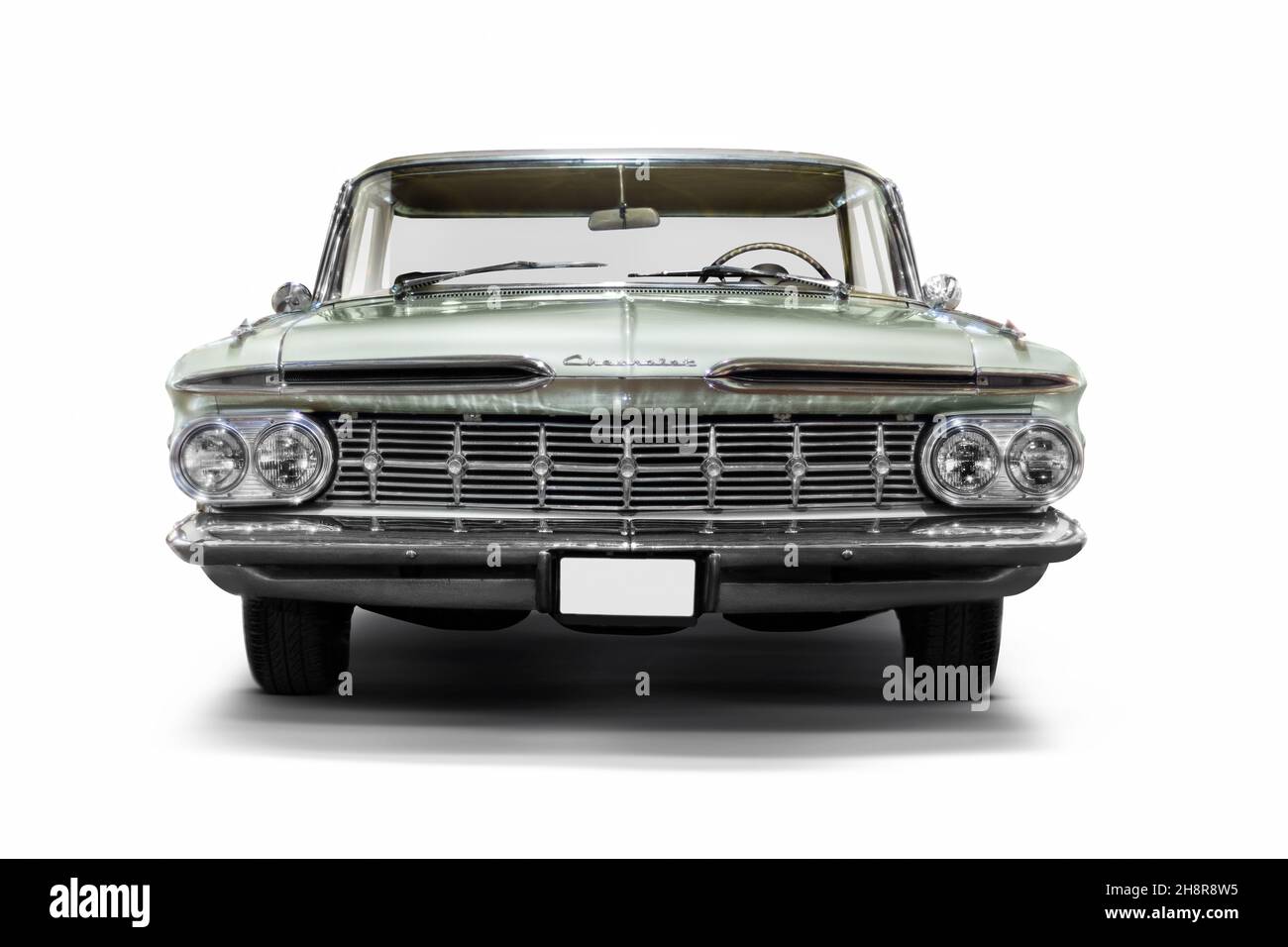 Izmir, Turkey - June 21, 2021: Front view of a Chevrolet Impala green car which produced in 1959 Editorial Shot in Izmir Turkey. Stock Photo