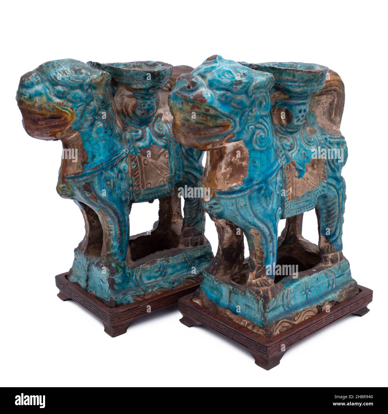 Pair of Chinese Ming Dynasty Turquoise Glazed Foo Lion Joss Stick Holders. 16th-17th century Stock Photo