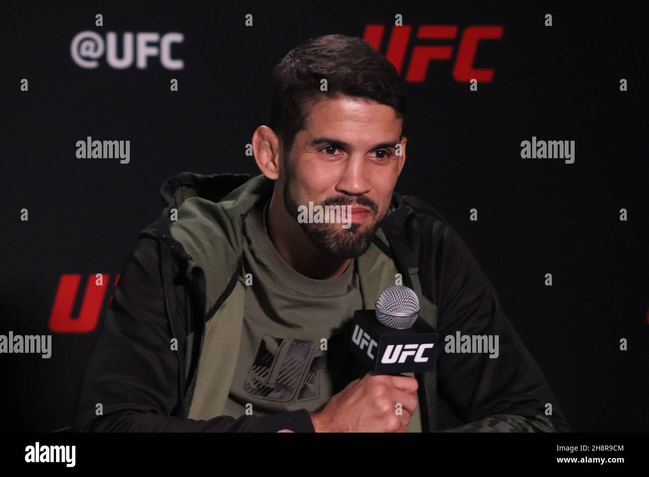 LAS VEGAS, NV - DECEMBER 1: Leonardo Santos of Brazil interacts with media during the UFC Vegas 44: Aldo v Font Media Day at UFC Apex on December 1, 2021 in Las Vegas, Nevada, United States. (Photo by Diego Ribas/PxImages) Credit: Px Images/Alamy Live News Stock Photo