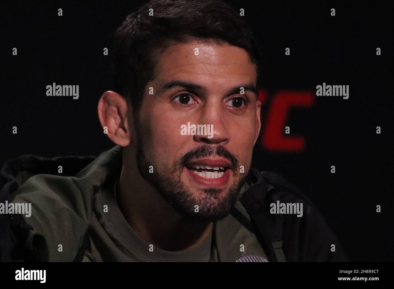 LAS VEGAS, NV - DECEMBER 1: Leonardo Santos of Brazil interacts with media during the UFC Vegas 44: Aldo v Font Media Day at UFC Apex on December 1, 2021 in Las Vegas, Nevada, United States. (Photo by Diego Ribas/PxImages) Credit: Px Images/Alamy Live News Stock Photo