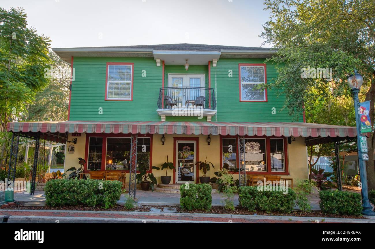 Downtown shops in cute small town of Mount Dora, Florida Stock Photo