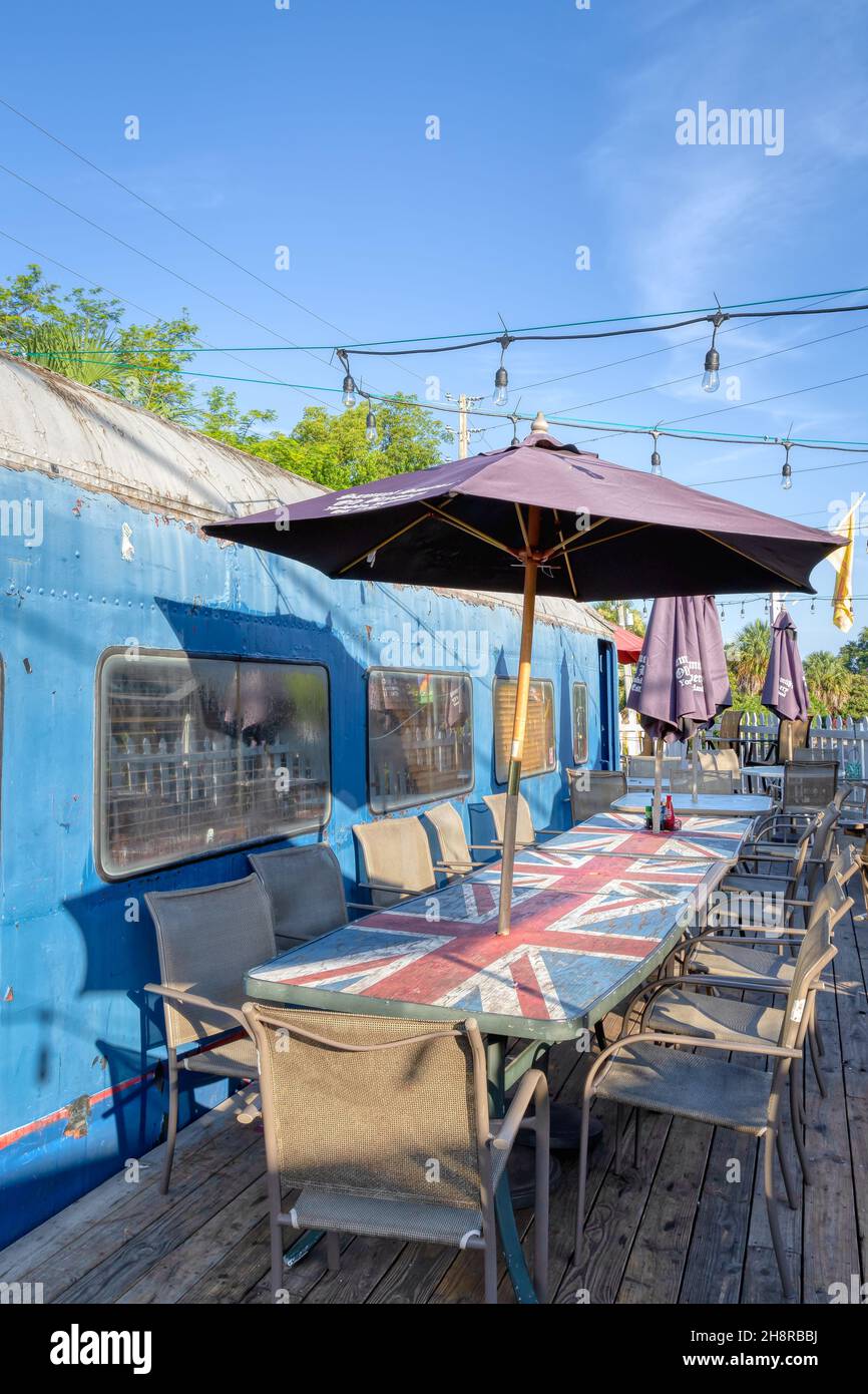 British pub outside eating area in downtown Mount Dora, Florida Stock
