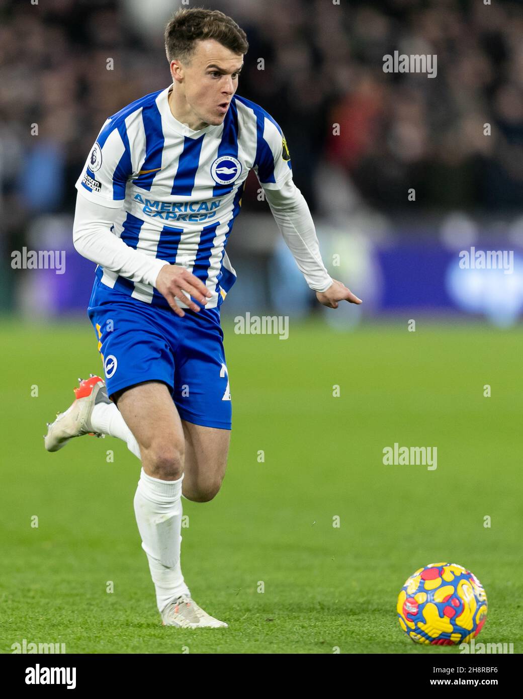 LONDON, GBR DEC 1ST Solly March of Brighton & Hove Albion in action during the Premier League match between West Ham United and Brighton and Hove Albion at the London Stadium, Stratford on Wednesday 1st December 2021. (Credit: Juan Gasparini | MI NEWS) Credit: MI News & Sport /Alamy Live News Stock Photo