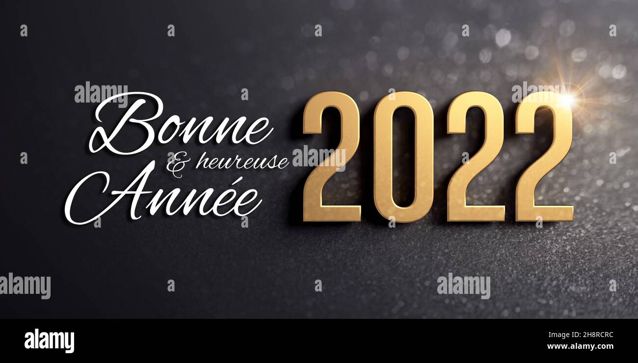 Happy New Year greetings in French language and 2022 date number colored in gold, on a glittering black car - 3D illustration Stock Photo