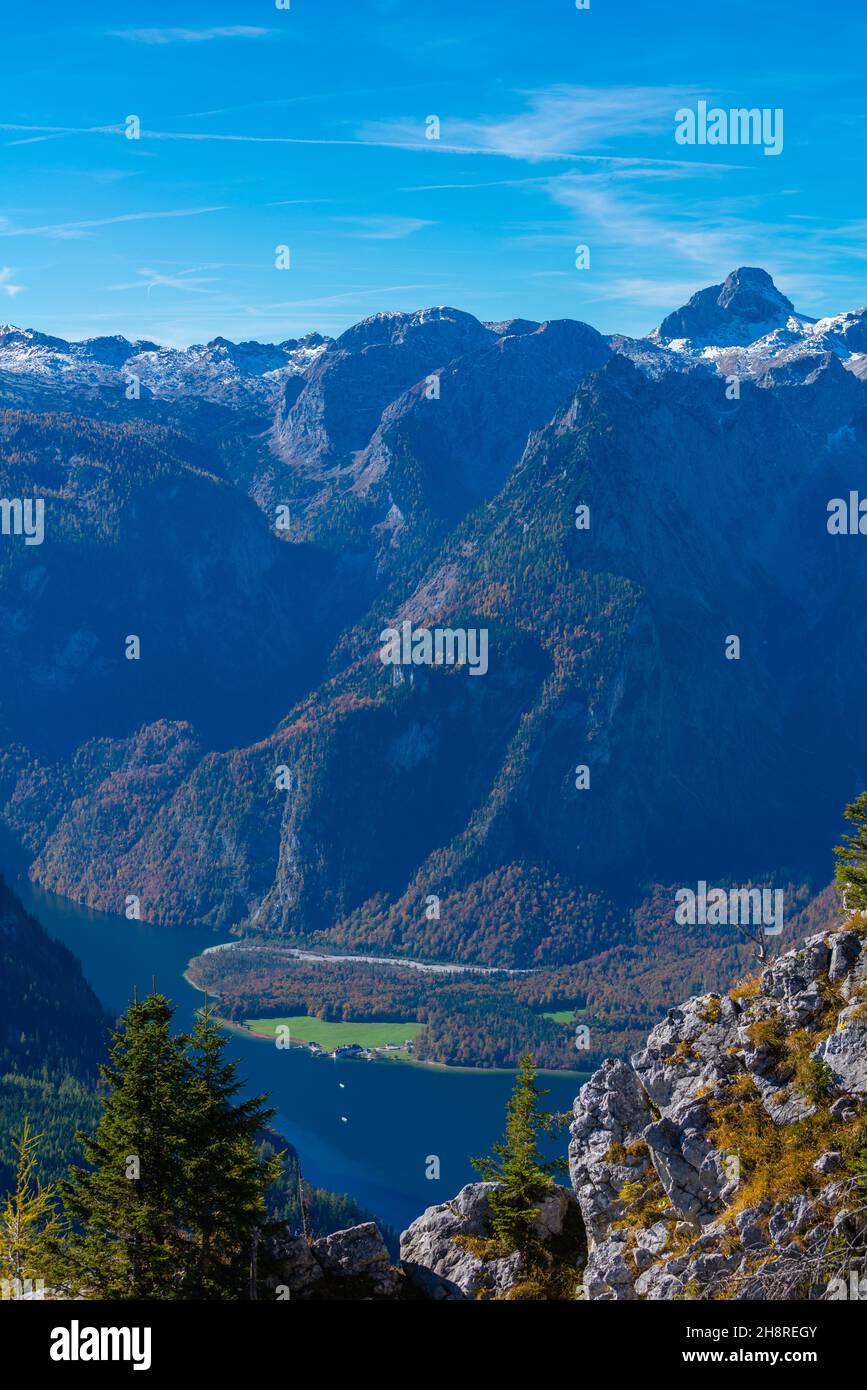 View from the Jenner high plateau about 1800m asl to Lake Königsee surrounded by high peaks, Bavarian Alps, Upper Bavaria, Southern Germany Stock Photo