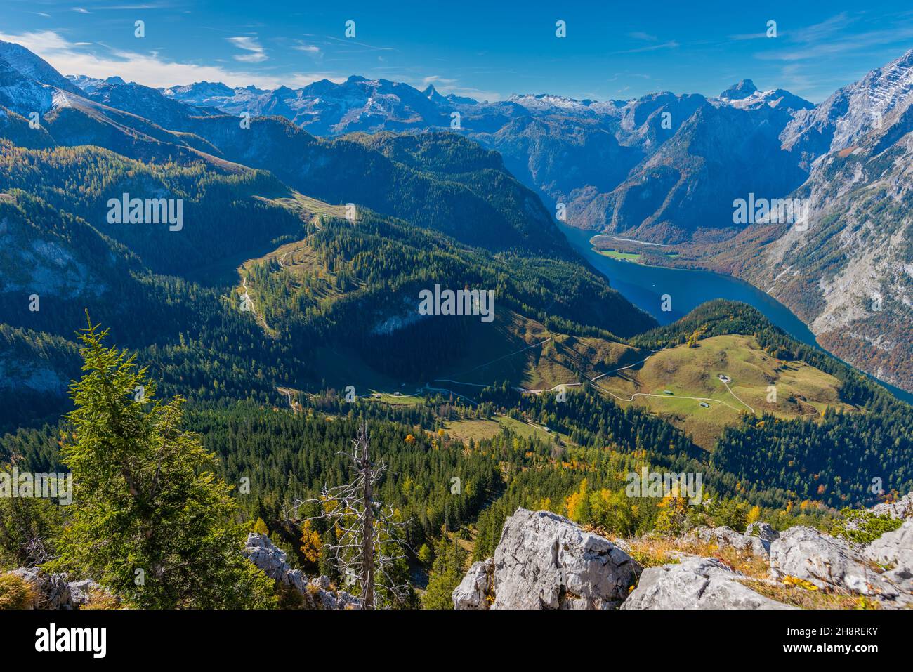 View from the Jenner high plateau about 1800m asl to Lake Königsee surrounded by high peaks, Bavarian Alps, Upper Bavaria, Southern Germany Stock Photo