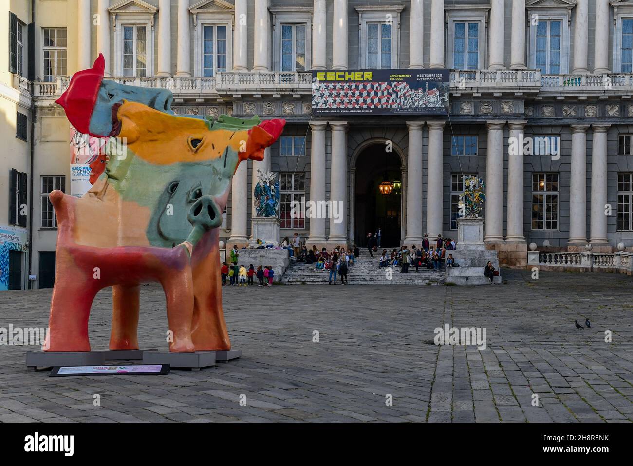 Giant artwork 'Sedia Portaritratti' by Gaetano Pesce in front of Palazzo Ducale in the historic centre of Genoa, Liguria, Italy Stock Photo