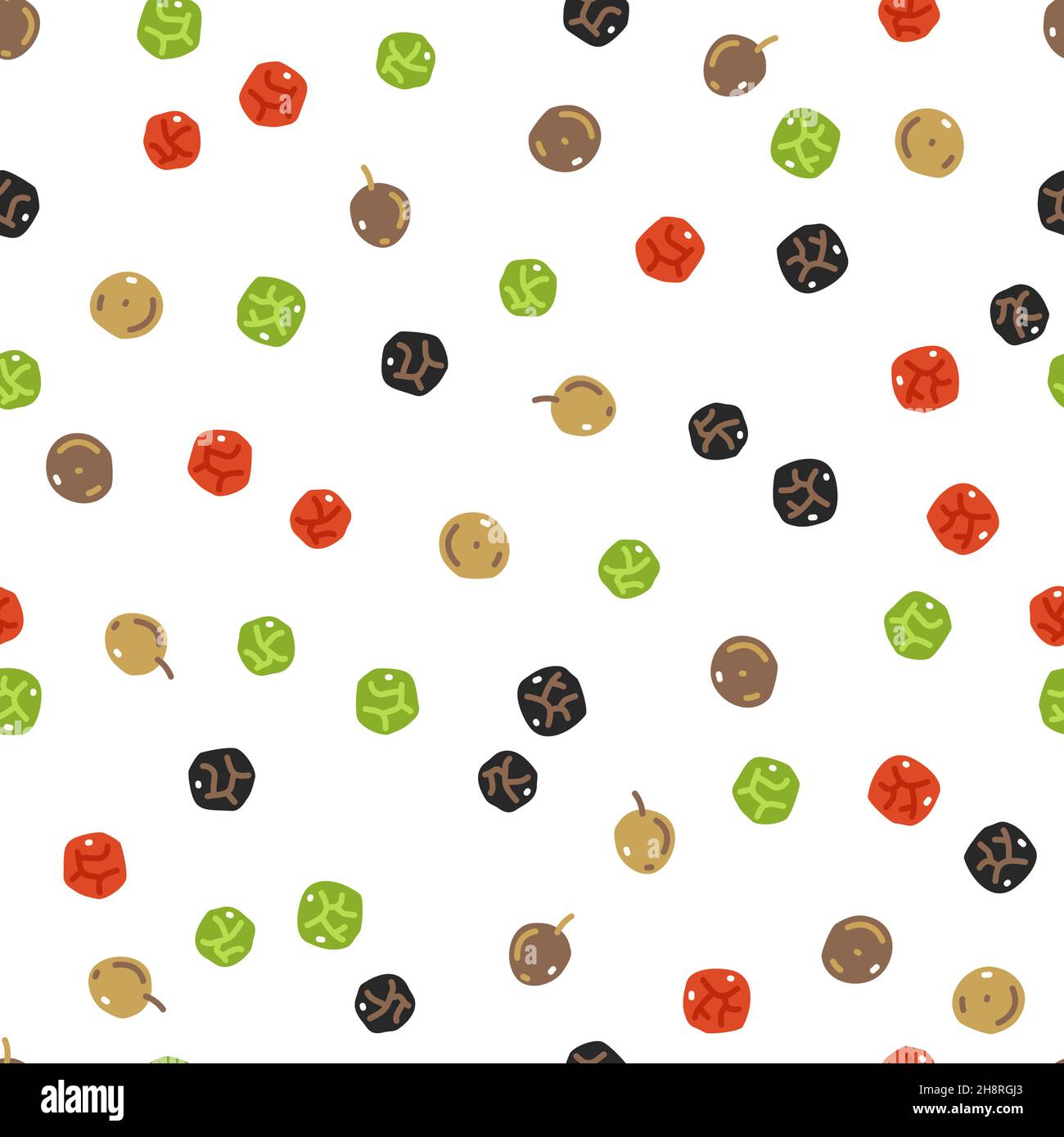 Black, green, white, and pink peppercorns. Vector seamless pattern Stock Vector