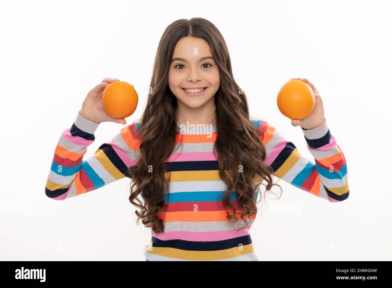 making choice. citrus fruits. natural organic fresh orange. healthy life. diet and kid skin beauty Stock Photo