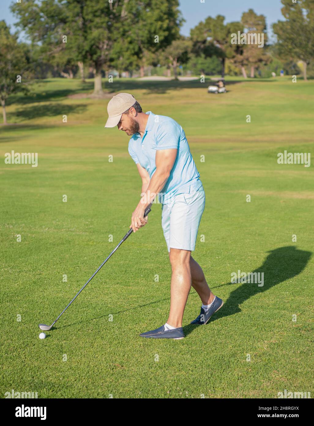 active man playing golf game on green grass, summer Stock Photo