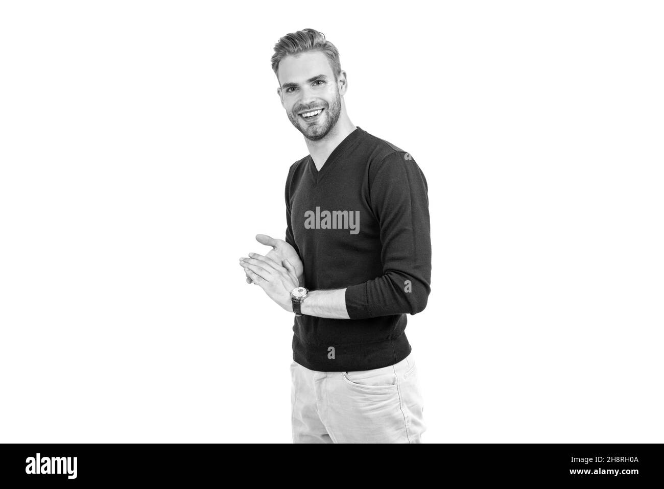 Happy young guy smile with healthy teeth in casual style isolated on white, dental Stock Photo