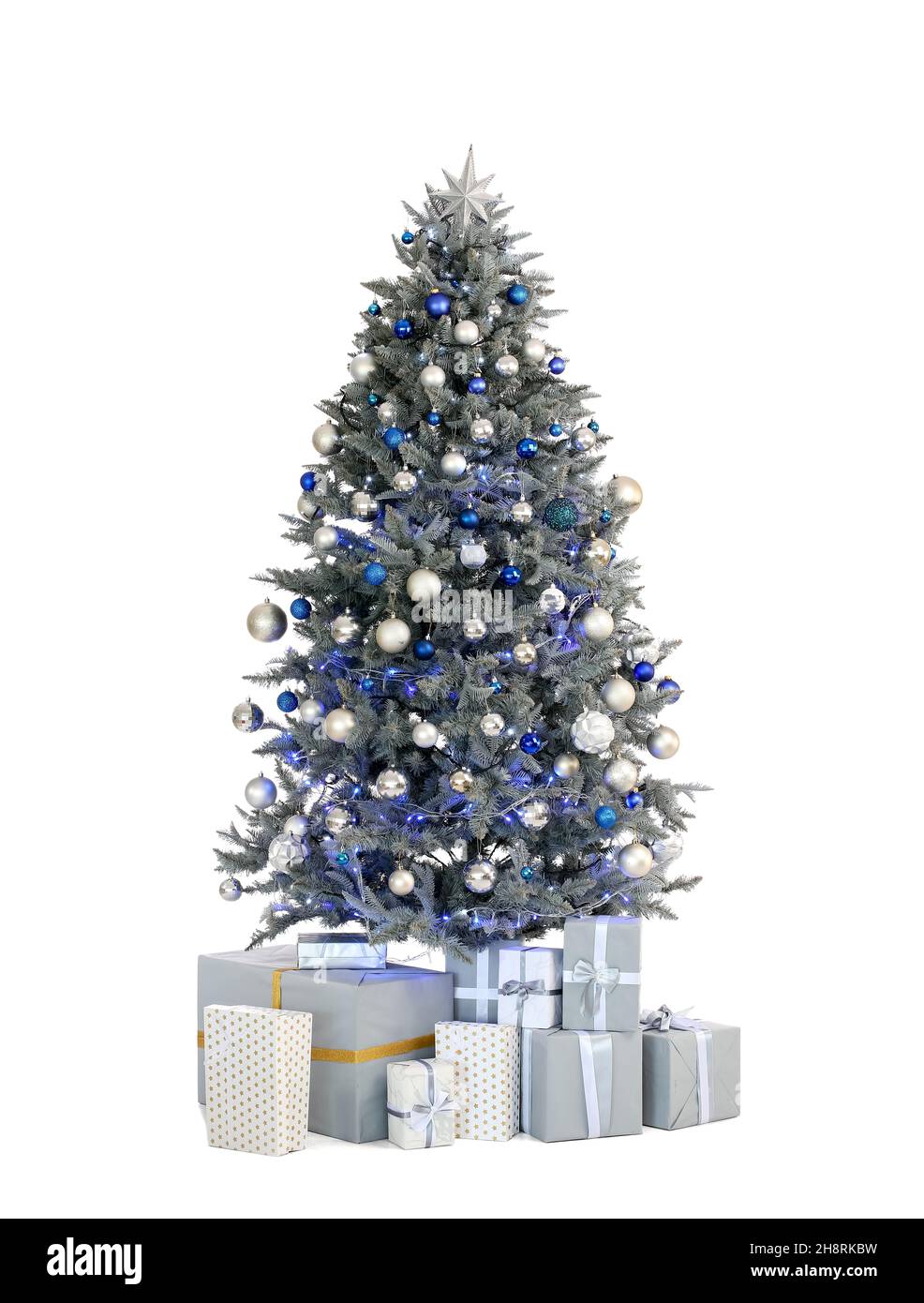 Beautiful decorated Christmas tree with gift boxes isolated on white ...